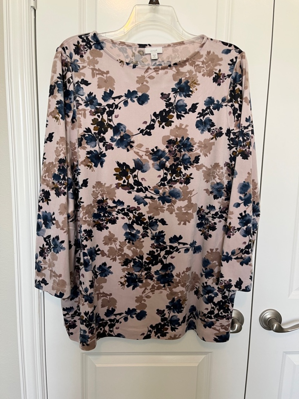 J. Jill Velour Pink Floral Long Sleeve Tunic w/ Navy and Taupe Floral print